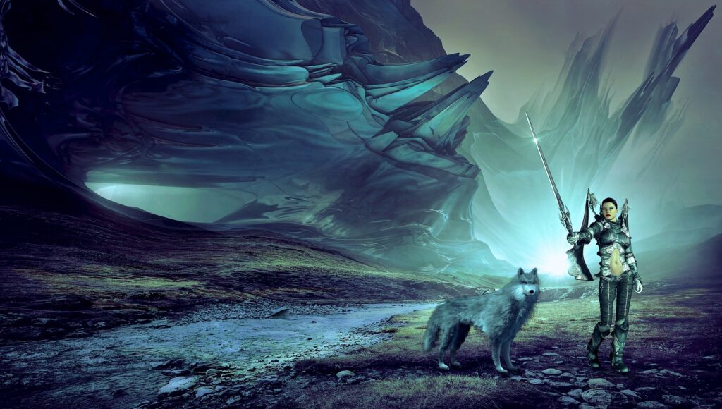 A female warrior in a fantasy setting with blue hues. A wolf stands at her side.
