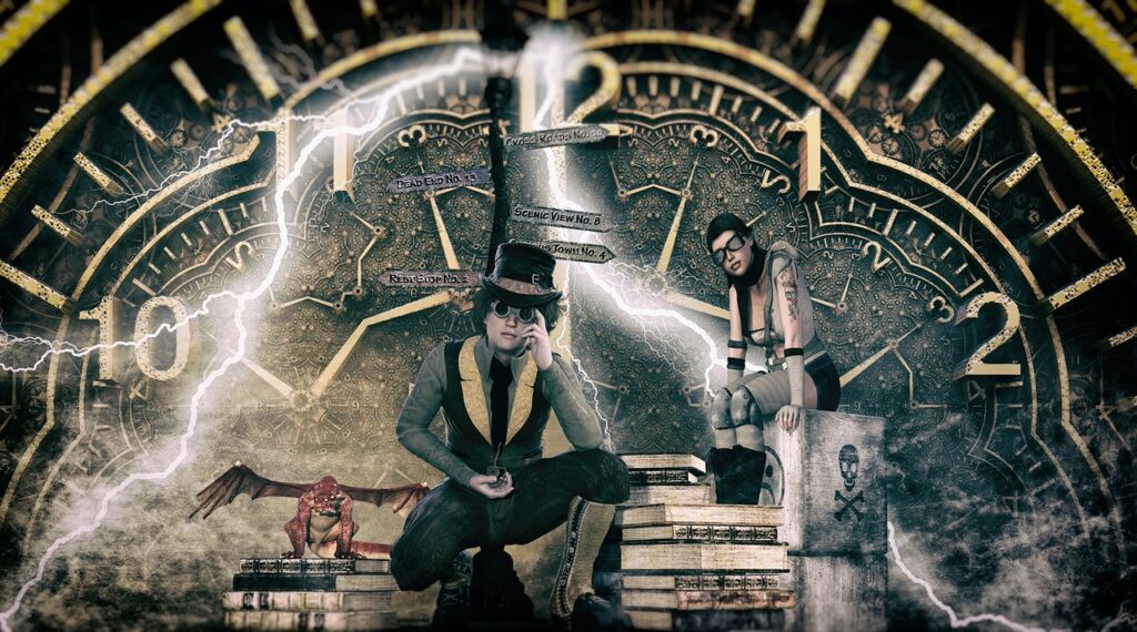 2022- Joanne VanR liked this image of a young man dressed in vest and tophat sits near a pile of books. His female freind is seated on more books behind him. behind them is a huge clock.